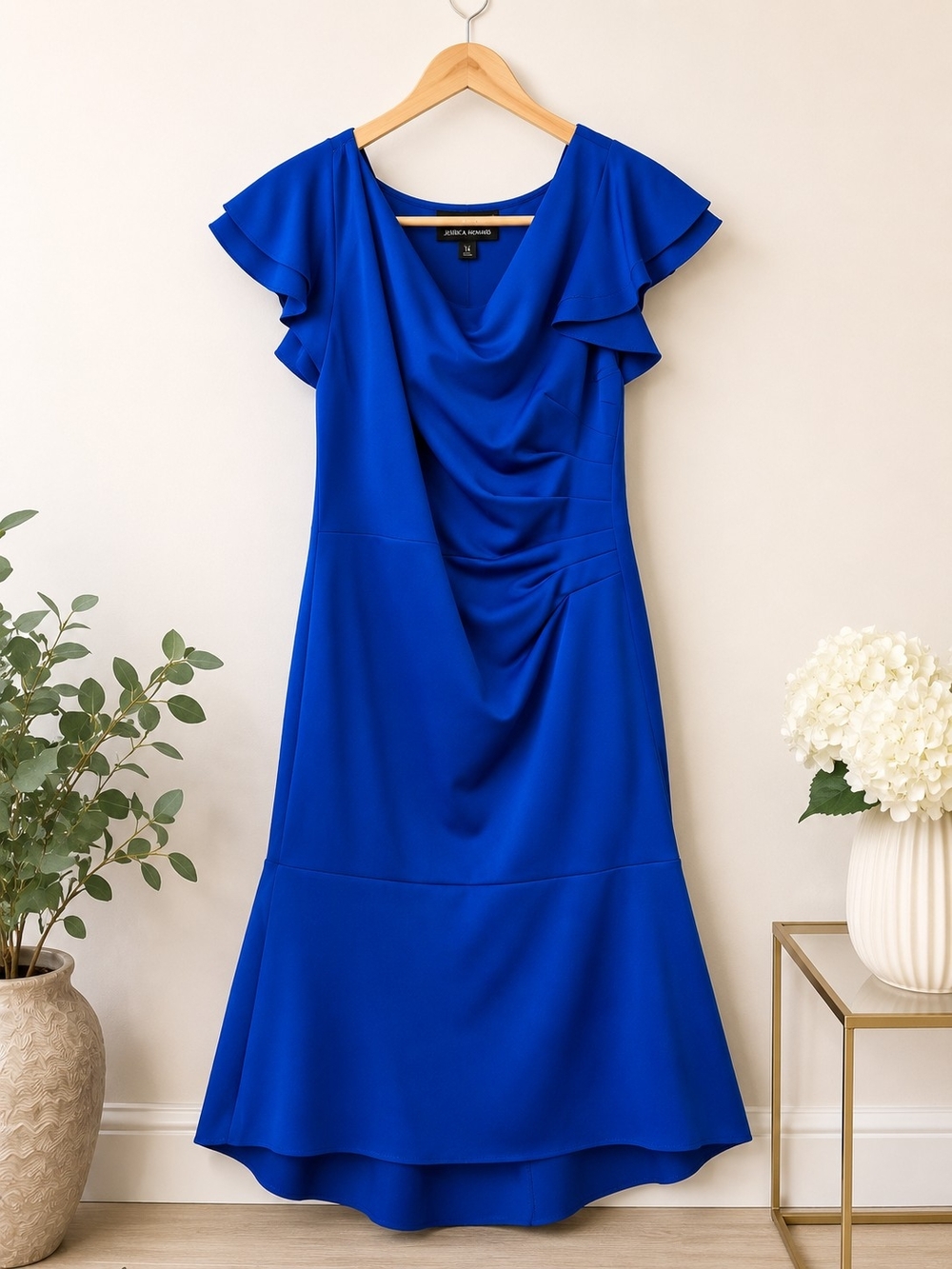 Jessica Howard Cobalt Blue High-Low Ruffle Sleeve Dress